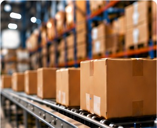 Packages moving through a logistics facility